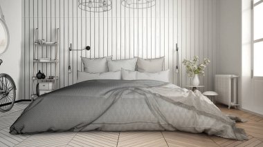 İskandinav minimalist yatak odası büyük w ile tamamlanmamış proje