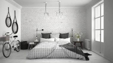 Beyaz ve gri modern yatak odası rahat Çift Kişilik Yatak, tuğla duvar, 