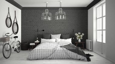 Beyaz ve gri modern yatak odası rahat Çift Kişilik Yatak, tuğla duvar, 