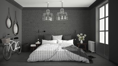 Beyaz ve gri modern yatak odası rahat Çift Kişilik Yatak, tuğla duvar, 