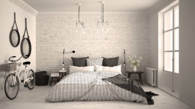 Beyaz ve gri modern yatak odası rahat Çift Kişilik Yatak, tuğla duvar, 