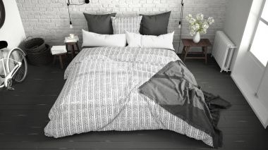 Beyaz ve gri modern yatak odası rahat Çift Kişilik Yatak, tuğla duvar, 