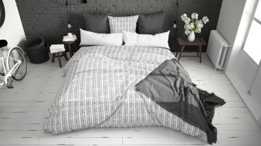 Beyaz ve gri modern yatak odası rahat Çift Kişilik Yatak, tuğla duvar, 