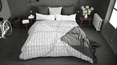 Beyaz ve gri modern yatak odası rahat Çift Kişilik Yatak, tuğla duvar, 