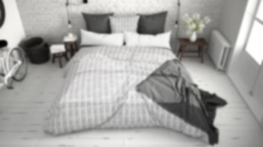 Arka plan dekorasyon, beyaz ve gri modern yatak odası w bulanıklık