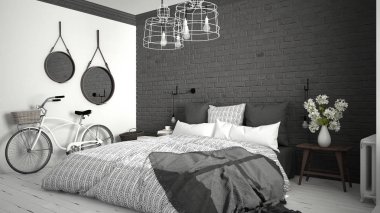 Beyaz ve gri modern yatak odası rahat Çift Kişilik Yatak, tuğla duvar, 