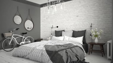 Beyaz ve gri modern yatak odası rahat Çift Kişilik Yatak, tuğla duvar, 