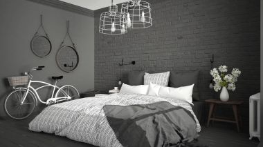 Beyaz ve gri modern yatak odası rahat Çift Kişilik Yatak, tuğla duvar, 