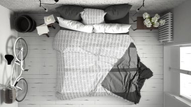 Beyaz ve gri modern yatak odası rahat Çift Kişilik Yatak, tuğla duvar, 