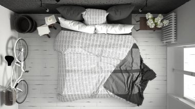 Beyaz ve gri modern yatak odası rahat Çift Kişilik Yatak, tuğla duvar, 