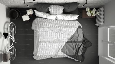 Beyaz ve gri modern yatak odası rahat Çift Kişilik Yatak, tuğla duvar, 