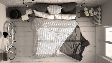 Beyaz ve gri modern yatak odası rahat Çift Kişilik Yatak, tuğla duvar, 