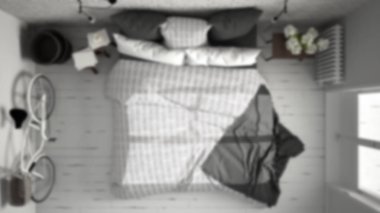 Arka plan dekorasyon, beyaz ve gri modern yatak odası w bulanıklık