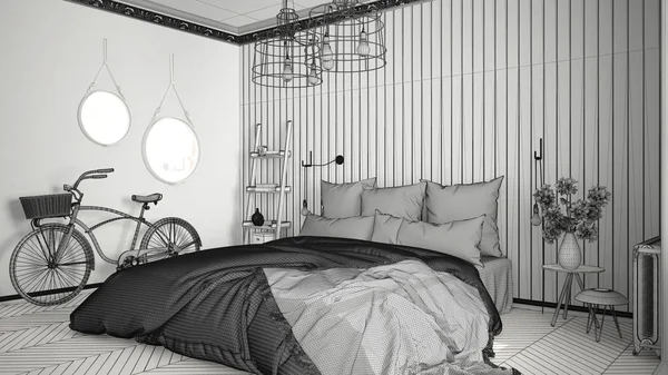 İskandinav minimalist yatak odası büyük w ile tamamlanmamış proje