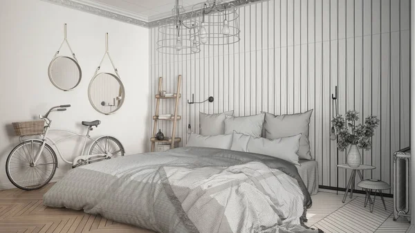 İskandinav minimalist yatak odası büyük w ile tamamlanmamış proje