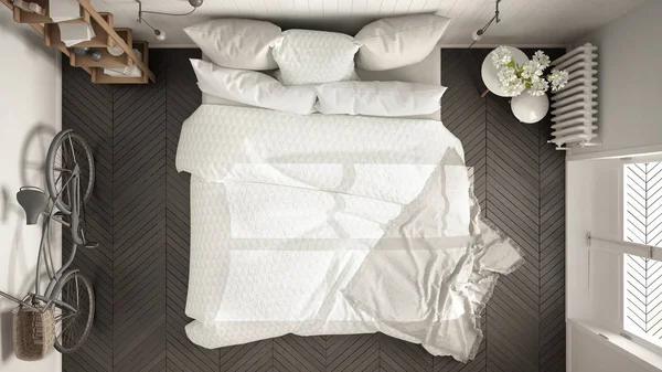 Skandinavisk minimalistisk soveværelse med stort vindue og sildeben - Stock-foto