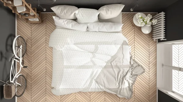 Dormitorio minimalista escandinavo con ventana grande y espina de arenque — Foto de Stock