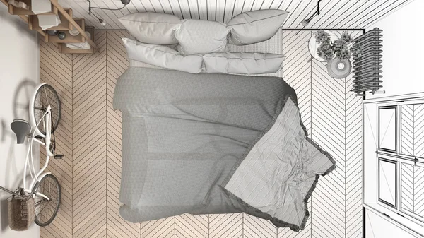 Oavslutat projekt av skandinavisk minimalistisk sovrum med stora w — Stockfoto