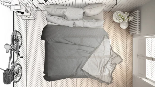 Progetto incompiuto di scandinavo camera da letto minimalista con grande w — Foto Stock