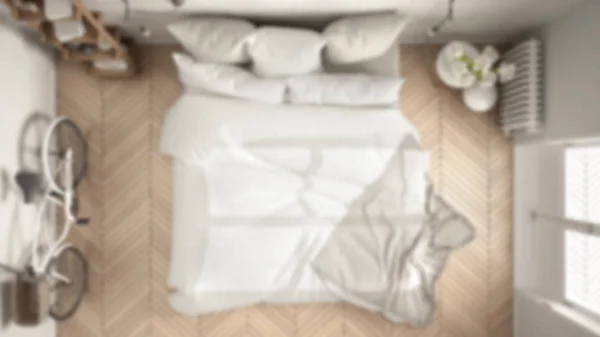 Дизайн интерьера в размытом фоне, бело-серая современная спальня с — стоковое фото
