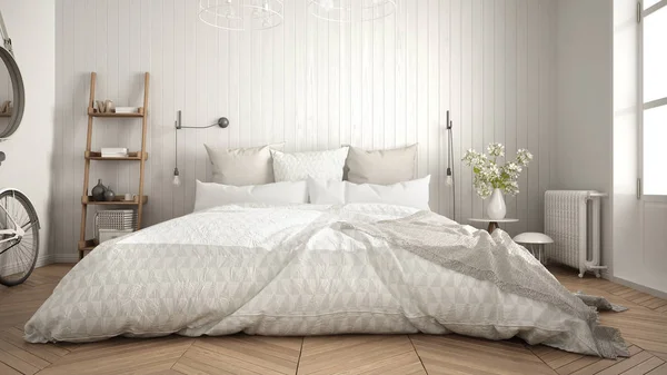 Camera da letto minimalista scandinava con grande finestra e spina di pesce — Foto Stock