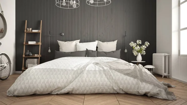 Скандальная минималистская спальня с большим окном и косточкой — стоковое фото