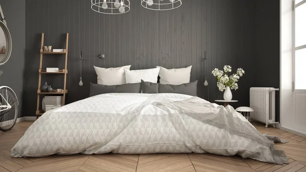 Camera da letto minimalista scandinava con grande finestra e spina di pesce — Foto Stock