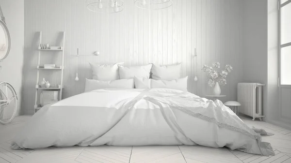Proyecto blanco total de dormitorio minimalista escandinavo con gran — Foto de Stock