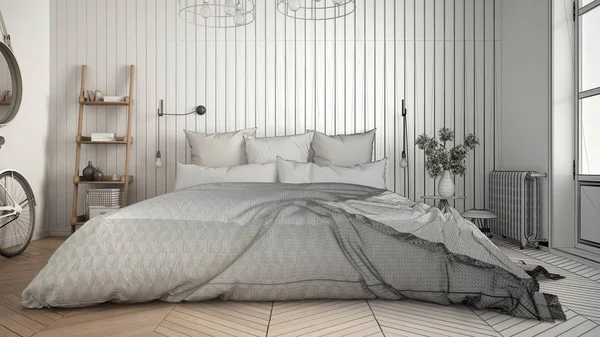 İskandinav minimalist yatak odası büyük w ile tamamlanmamış proje