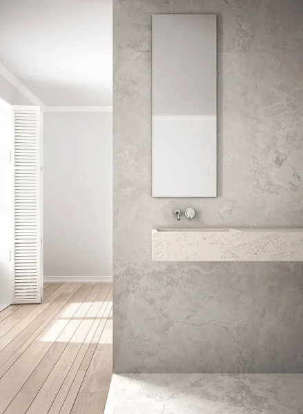 Крупный план ванной комнаты, мраморная стена и паркетный пол, минимализм — стоковое фото