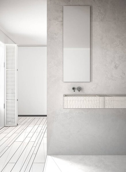 Unfinished project of bathroom close-up, marble wall and parquet floor, minimalistic architecture, white interior design