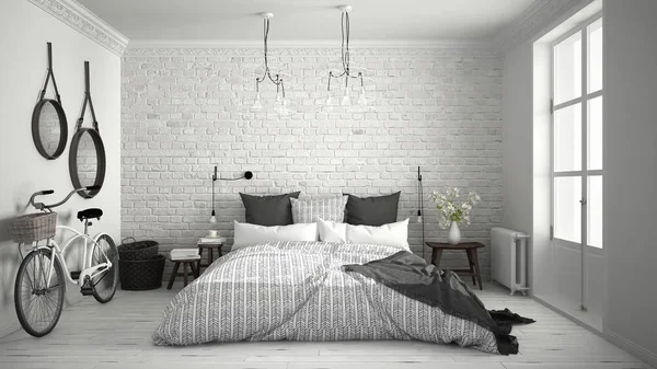 Beyaz ve gri modern yatak odası rahat Çift Kişilik Yatak, tuğla duvar, 