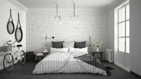 Chambre moderne blanche et grise avec lit double confortable, mur de briques , — Photo
