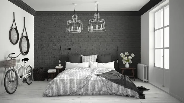 Beyaz ve gri modern yatak odası rahat Çift Kişilik Yatak, tuğla duvar, 