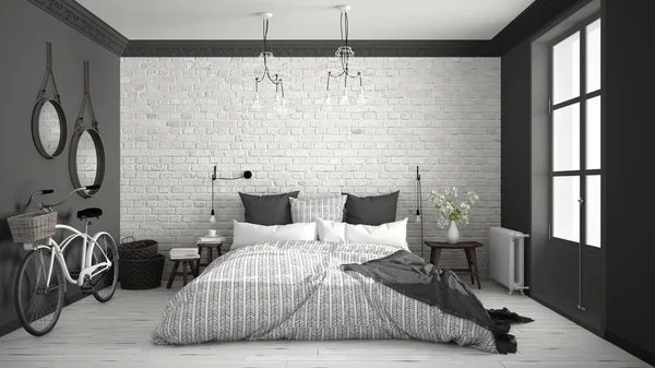 Witte en grijze moderne slaapkamer met gezellig dubbelbed, bakstenen muur, — Stockfoto