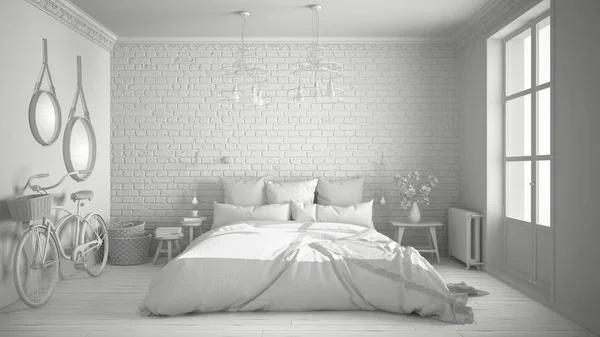 Total white project of modern bedroom with cozy double bed, bric