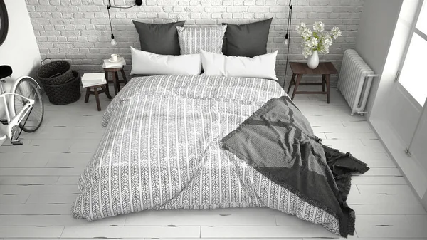 Άσπρο και γκρι σύγχρονη κρεβατοκάμαρα με άνετο διπλό κρεβάτι, τοίχο από τούβλα, — Φωτογραφία Αρχείου