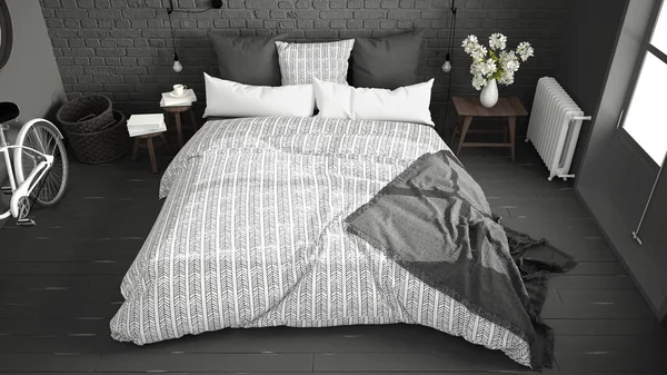 Beyaz ve gri modern yatak odası rahat Çift Kişilik Yatak, tuğla duvar, 