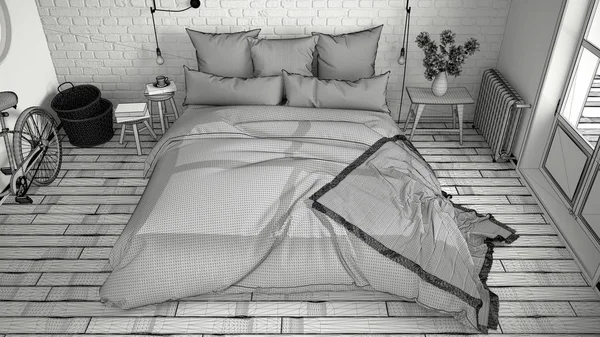 现代卧室与张舒适的双人床和 br 的未完成的项目 — 图库照片
