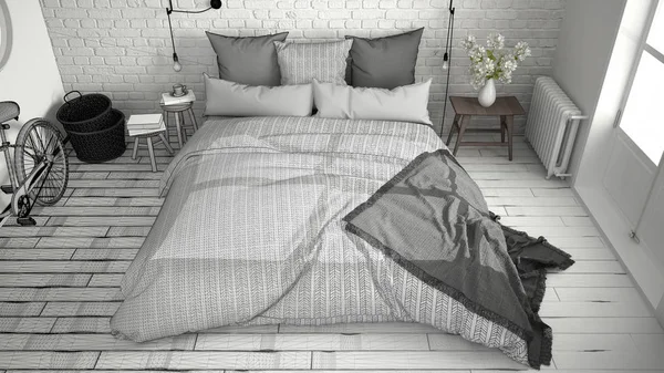 Progetto incompiuto di camera da letto moderna con accogliente letto matrimoniale e br — Foto Stock