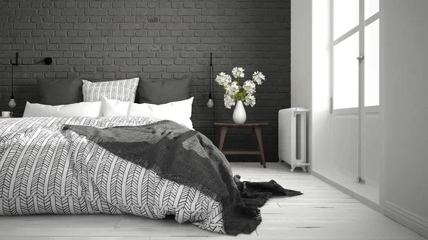 Beyaz ve gri modern yatak odası rahat Çift Kişilik Yatak, tuğla duvar, 