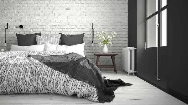 White and gray modern bedroom with cozy double bed, brick wall,