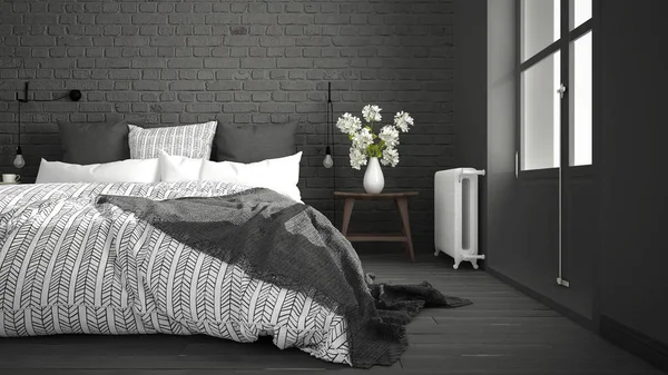 Branco e cinza quarto moderno com cama de casal aconchegante, parede de tijolo , — Fotografia de Stock