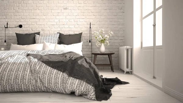 Bianco e grigio camera da letto moderna con accogliente letto matrimoniale, muro di mattoni , — Foto Stock
