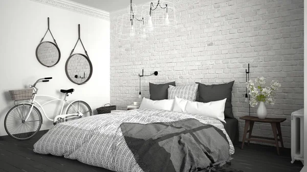 Белая и современная спальня с уютной двуспальной кроватью, стеной из брика , — стоковое фото