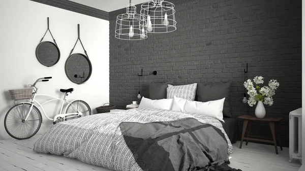 Beyaz ve gri modern yatak odası rahat Çift Kişilik Yatak, tuğla duvar, 