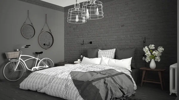 Beyaz ve gri modern yatak odası rahat Çift Kişilik Yatak, tuğla duvar, 