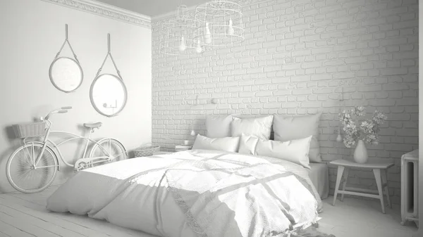 Proyecto blanco total de dormitorio moderno con acogedora cama doble, bric — Foto de Stock