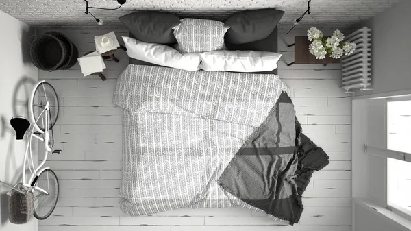 Beyaz ve gri modern yatak odası rahat Çift Kişilik Yatak, tuğla duvar, 