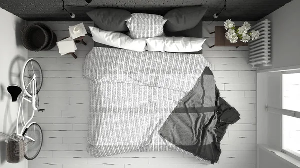 Beyaz ve gri modern yatak odası rahat Çift Kişilik Yatak, tuğla duvar, 